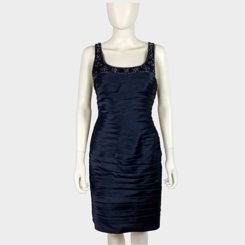 Adrianna Papell Blue Beaded Sleeveless Dress Satin Sequined Knee Length